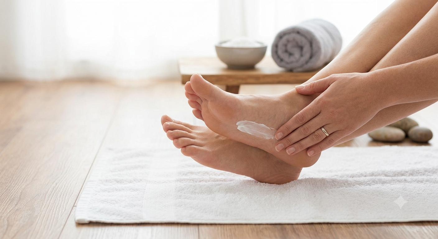 image of a woman's feet in a yoga studio style setting with cream soaking into the woman's skin